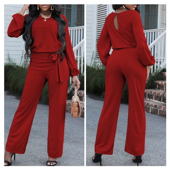 Lovely Rosetta Pants - (Out of stock) Red Boat Neck Tie Belt Jumpsuit